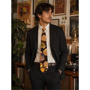 Brioni 100% Silk Black Multicolor Trippy Astronomical Handkerchief Tie OS Indie